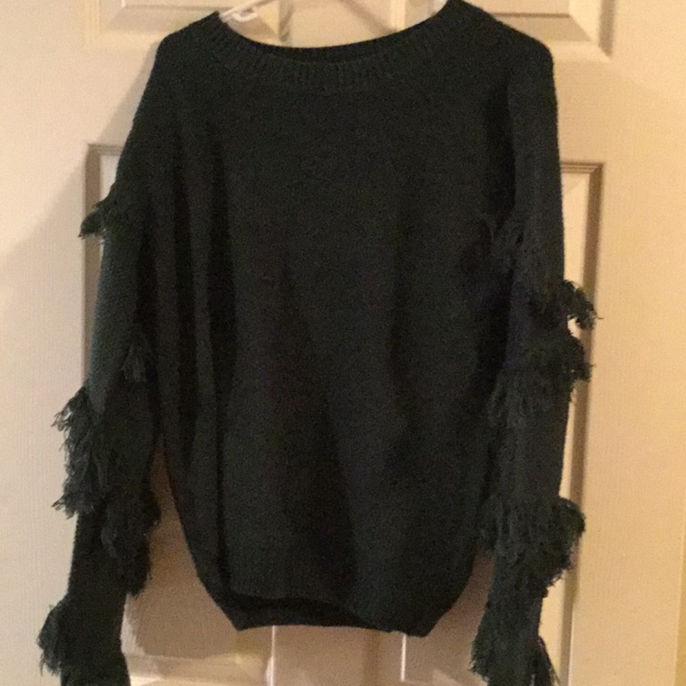 Fringe sleeve sweater in Hunter Green